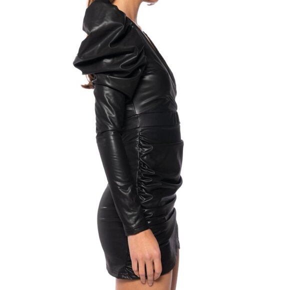 Callie Lives Xena Black: Puff Shoulder Faux Wrap Leather Ruched Mini Dress M - Picture 5 of 7